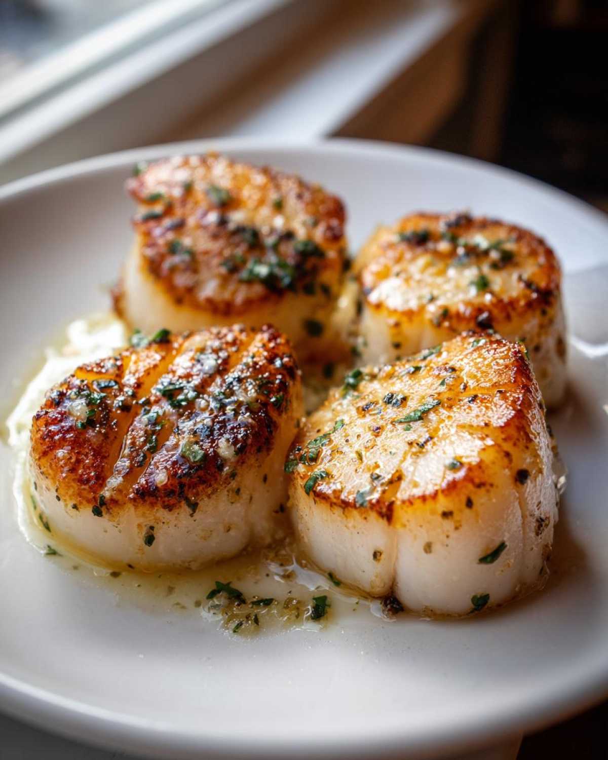 Four perfectly seared Garlic Butter Scallops with Lemon, glistening in butter sauce and topped with herbs.
