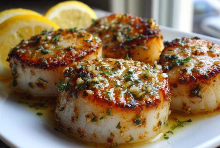 Four perfectly seared Garlic Butter Scallops with Lemon sauce and parsley garnish on a white plate.