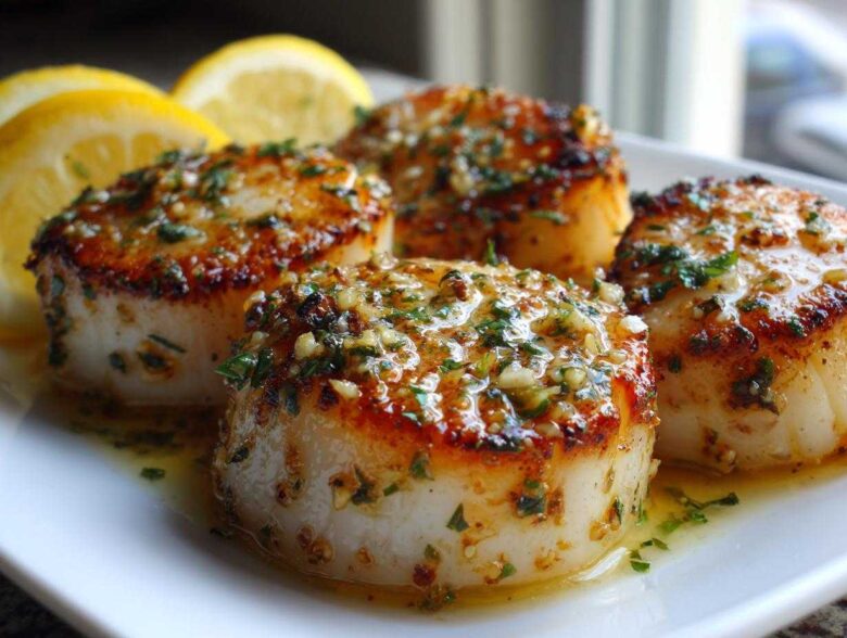 Four perfectly seared Garlic Butter Scallops with Lemon sauce and parsley garnish on a white plate.