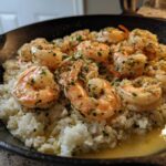 Close-up of Garlic Butter Shrimp and Rice Skillet, featuring plump shrimp in garlic butter sauce over rice.