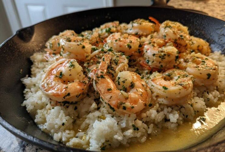 Close-up of Garlic Butter Shrimp and Rice Skillet, featuring plump shrimp in garlic butter sauce over rice.