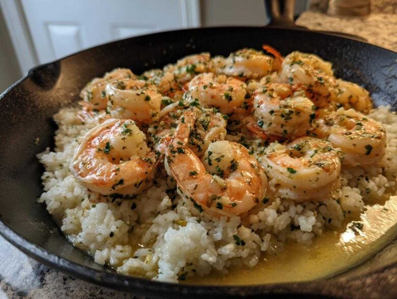Close-up of Garlic Butter Shrimp and Rice Skillet, featuring plump shrimp in garlic butter sauce over rice.