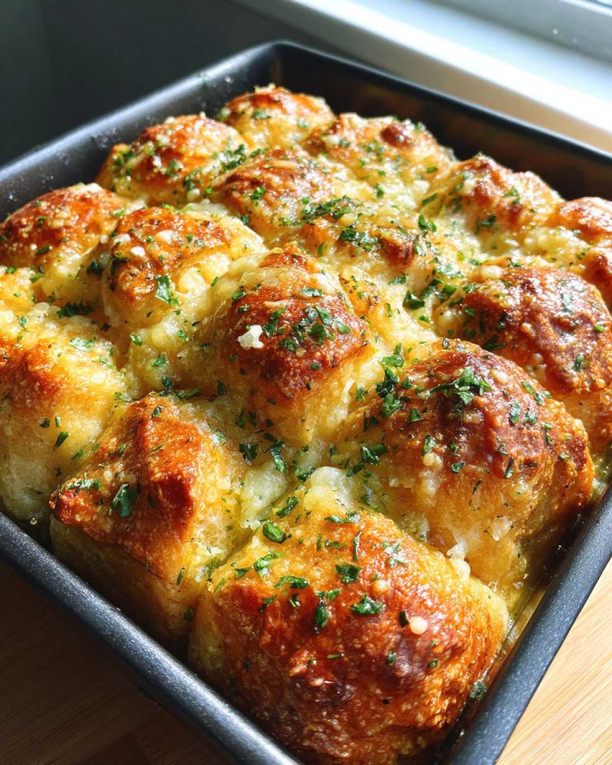Close-up of freshly baked Garlic Parmesan Pull-Apart Bread bubbling with melted cheese and herbs in a dark baking pan.