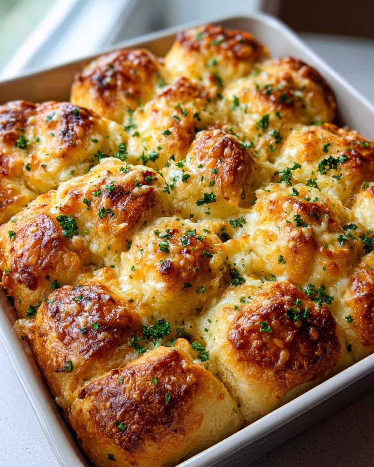 Close-up of freshly baked Garlic Parmesan Pull-Apart Bread with melted, browned cheese and fresh parsley.