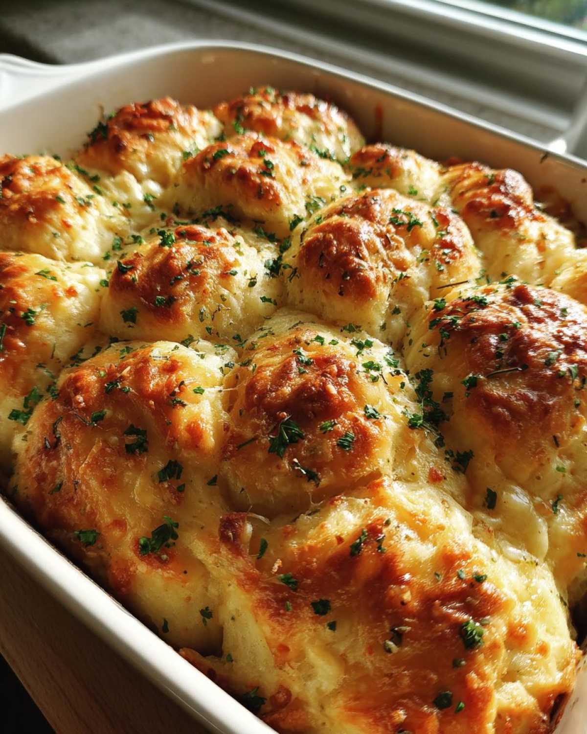 Close-up of baked Garlic Parmesan Pull-Apart Bread, golden brown and topped with melted cheese and parsley.