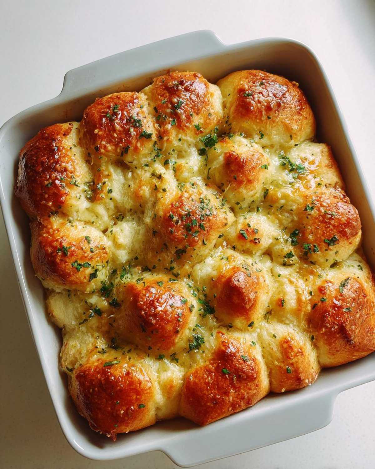 Close-up overhead view of baked Garlic Parmesan Pull-Apart Bread, golden brown and cheesy, in a light gray baking dish.