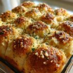 Close-up of golden brown Garlic Parmesan Pull-Apart Bread topped with melted cheese and parsley.