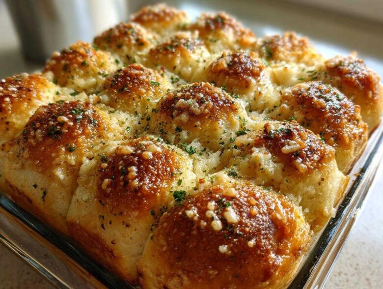 Close-up of golden brown Garlic Parmesan Pull-Apart Bread topped with melted cheese and parsley.