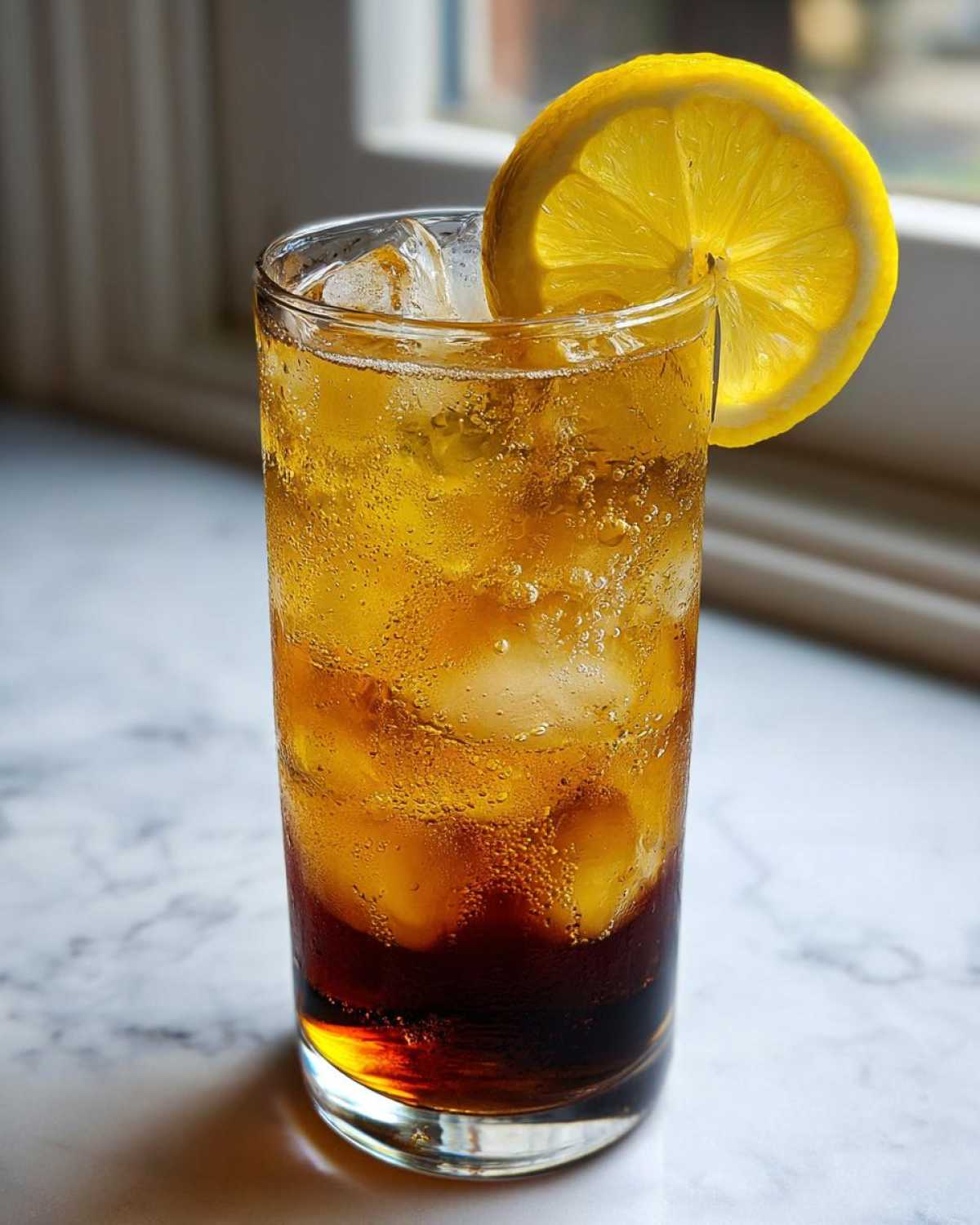A tall glass filled with ice and layered Cold Brew Lemonade, garnished with a bright lemon slice.