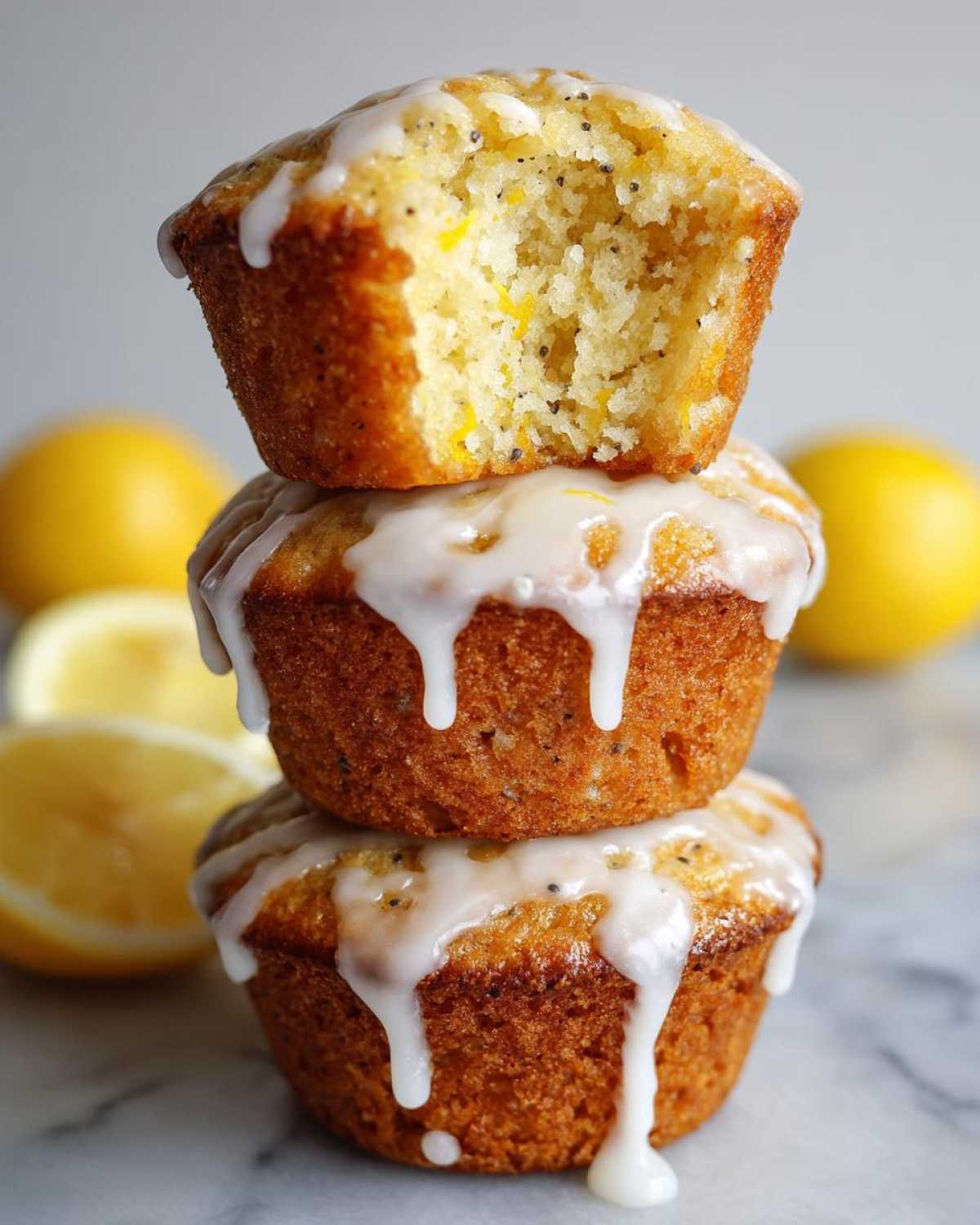A stack of three Glazed Lemon Poppy Seed Muffins, with the top one having a bite taken out to show the texture inside.