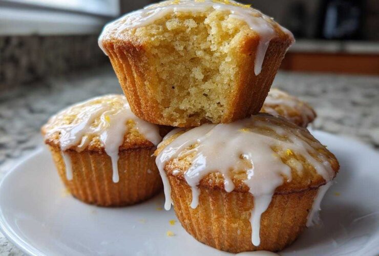 A stack of Glazed Lemon Poppy Seed Muffins, one on top broken open to show the soft interior.