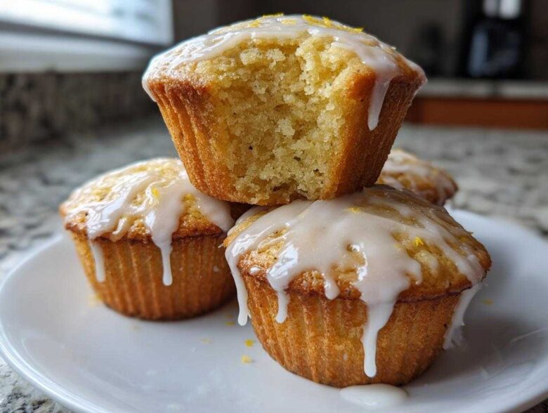 A stack of Glazed Lemon Poppy Seed Muffins, one on top broken open to show the soft interior.