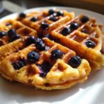 Close-up of golden Gluten-Free Blueberry Waffles topped with fresh blueberries and drizzled with syrup on a white plate.