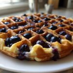 A golden, freshly made Gluten-Free Blueberry Waffle loaded with plump blueberries, served on a white plate.