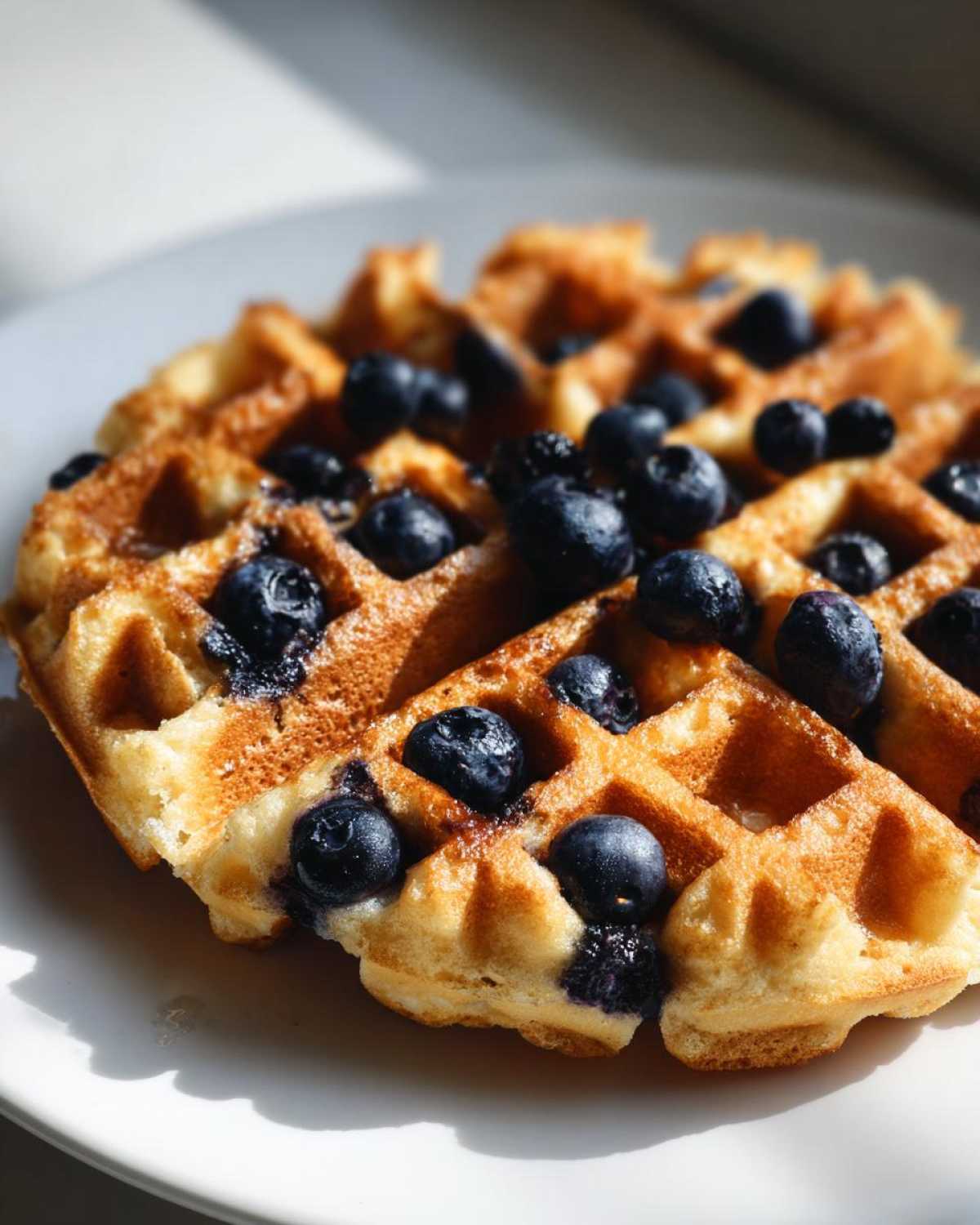 Close-up of a golden, crispy Gluten-Free Blueberry Waffles topped generously with fresh blueberries on a white plate.