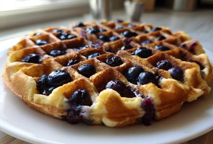 A golden, freshly made Gluten-Free Blueberry Waffle loaded with plump blueberries, served on a white plate.