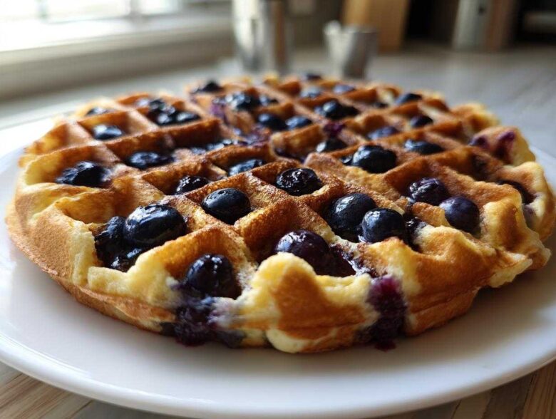 A golden, freshly made Gluten-Free Blueberry Waffle loaded with plump blueberries, served on a white plate.