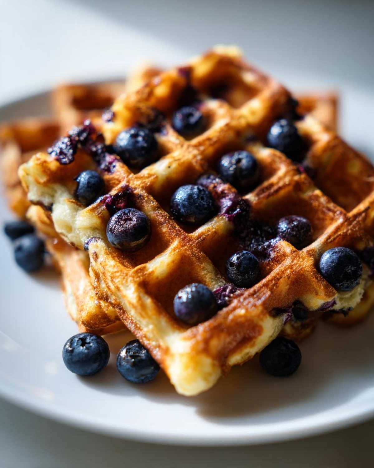 Close-up of golden Gluten-Free Blueberry Waffles stacked on a white plate, topped with fresh blueberries.