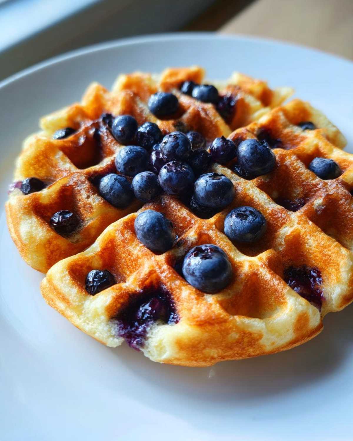A close-up of a golden-brown Gluten-Free Blueberry Waffles topped generously with fresh blueberries.