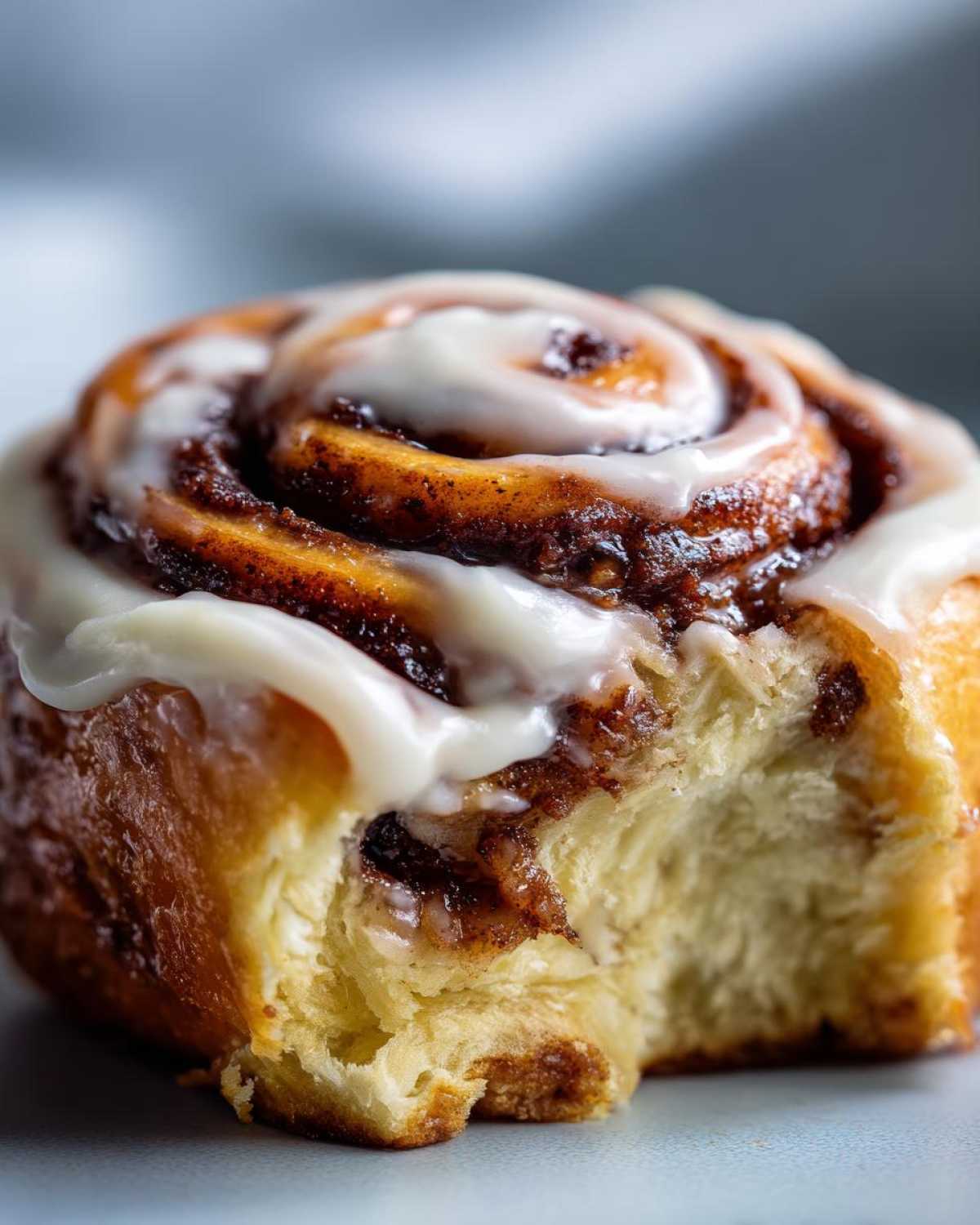 Close-up of a soft, fluffy Gluten-Free Cinnamon Roll with a bite taken out, drizzled in white cream cheese icing.
