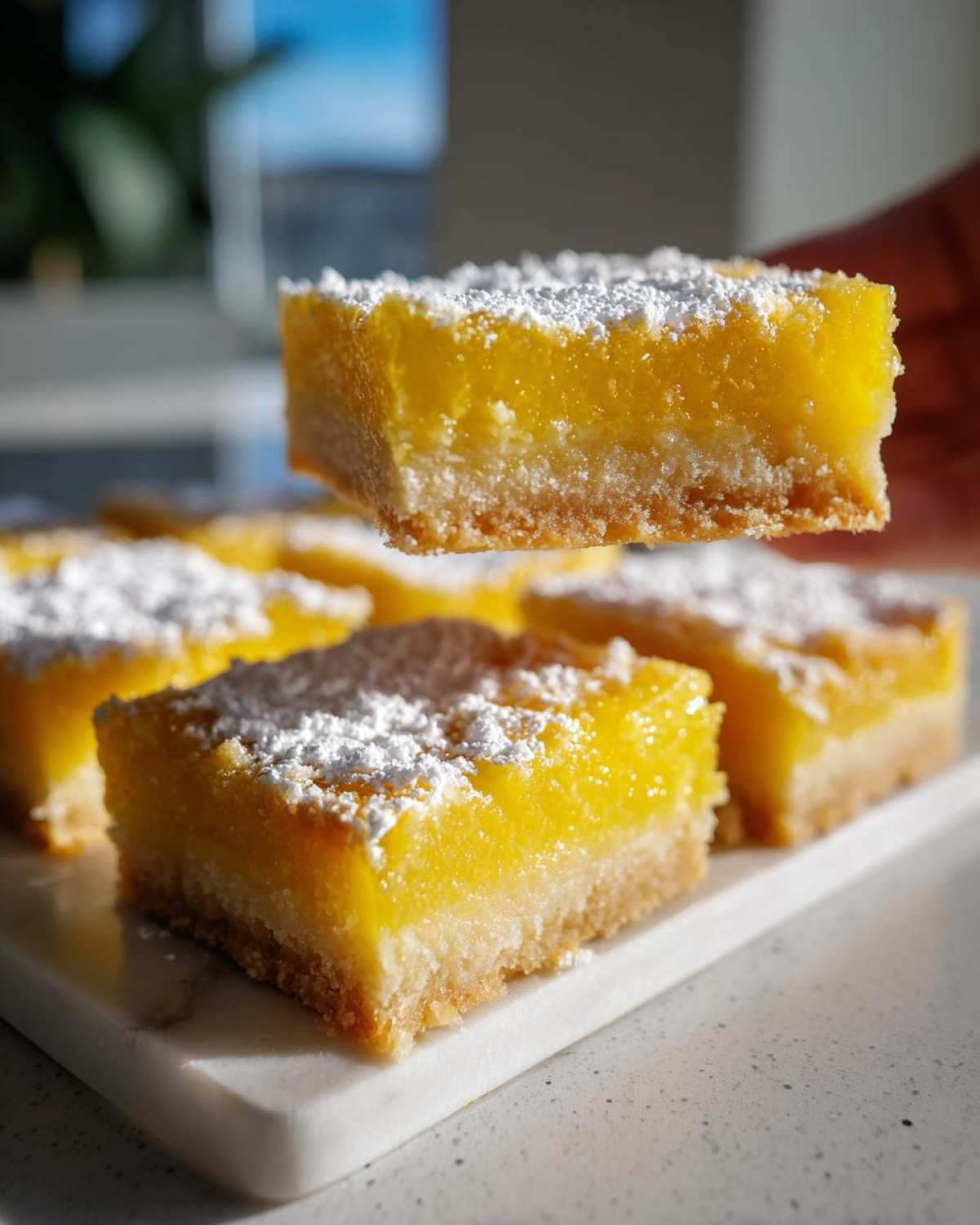 Close-up of Gluten-Free Lemon Bars with bright yellow filling and shortbread crust, dusted with powdered sugar.