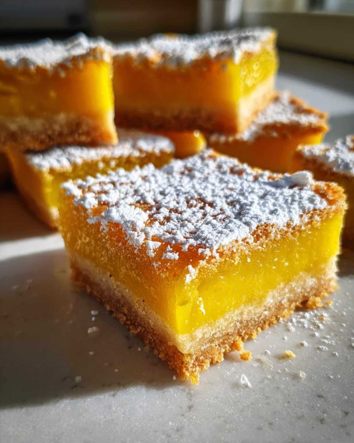A close-up of a square Gluten-Free Lemon Bar showing the bright yellow filling and shortbread crust, dusted with powdered sugar.