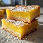 Two stacked slices of bright yellow Gluten-Free Lemon Bars with a shortbread crust, dusted with powdered sugar.