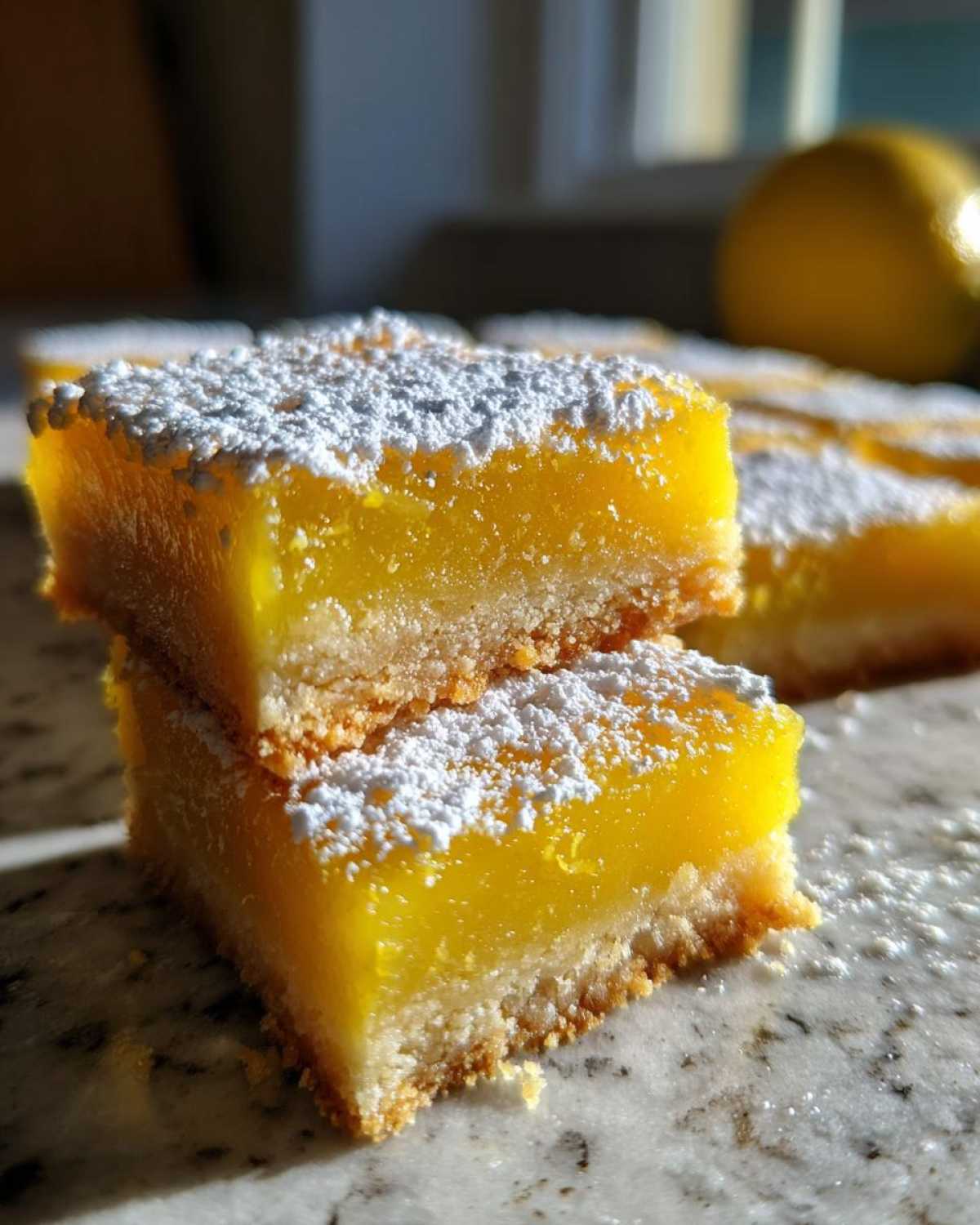 Two stacked squares of bright yellow Gluten-Free Lemon Bars with shortbread crust, dusted heavily with powdered sugar.