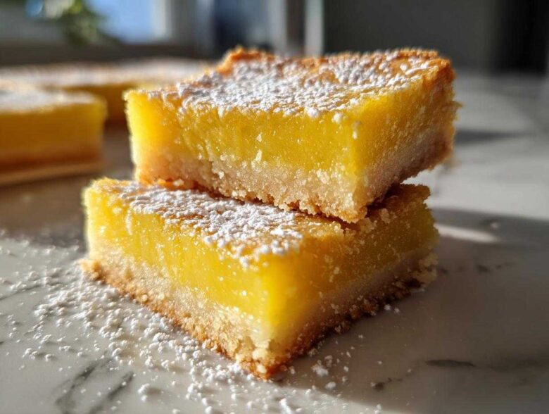 Two stacked slices of bright yellow Gluten-Free Lemon Bars with a shortbread crust, dusted with powdered sugar.