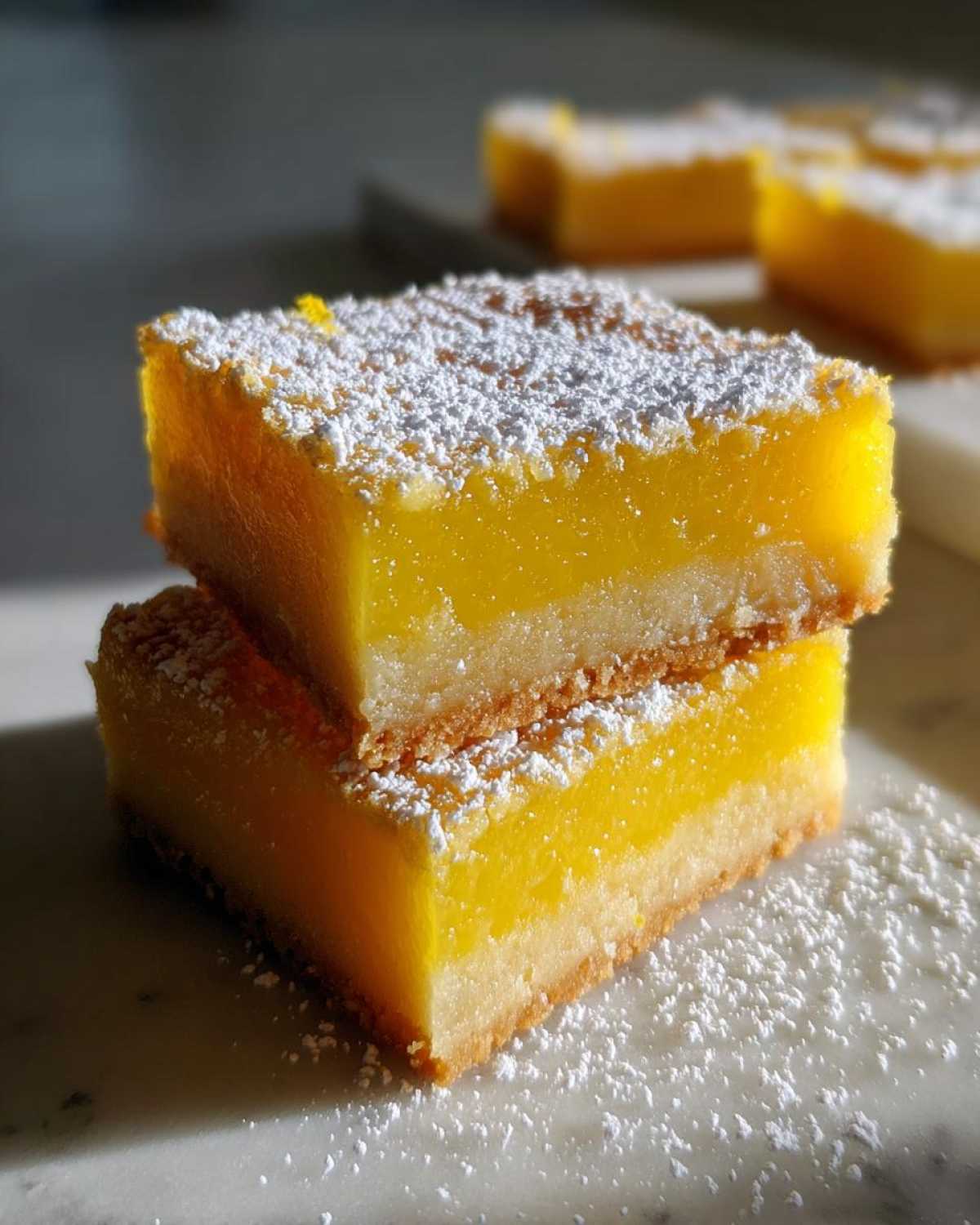 Two stacked, bright yellow Gluten-Free Lemon Bars topped with a dusting of powdered sugar on a marble surface.