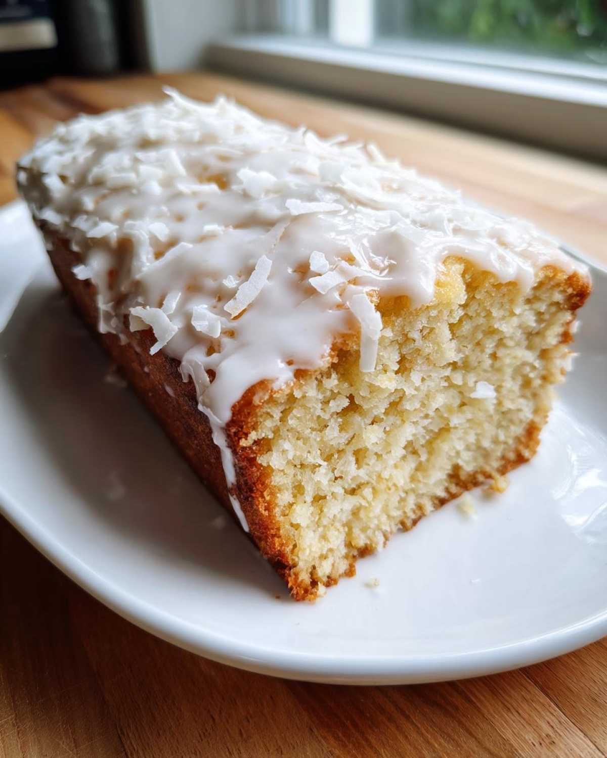 A close-up of a slice of Gluten-Free Lemon Coconut Cake topped with white glaze and shredded coconut.