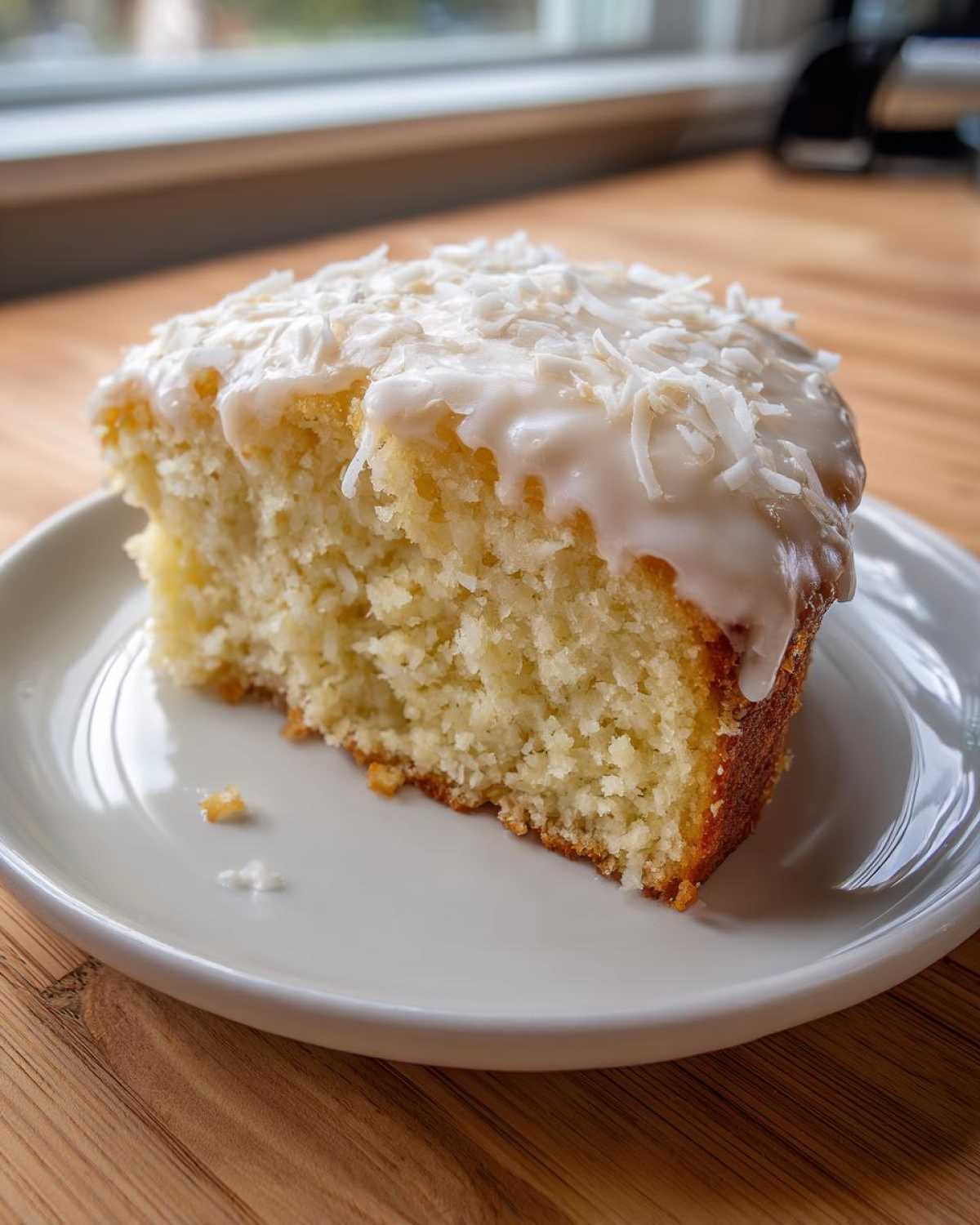 A moist slice of Gluten-Free Lemon Coconut Cake topped with white glaze and shredded coconut.