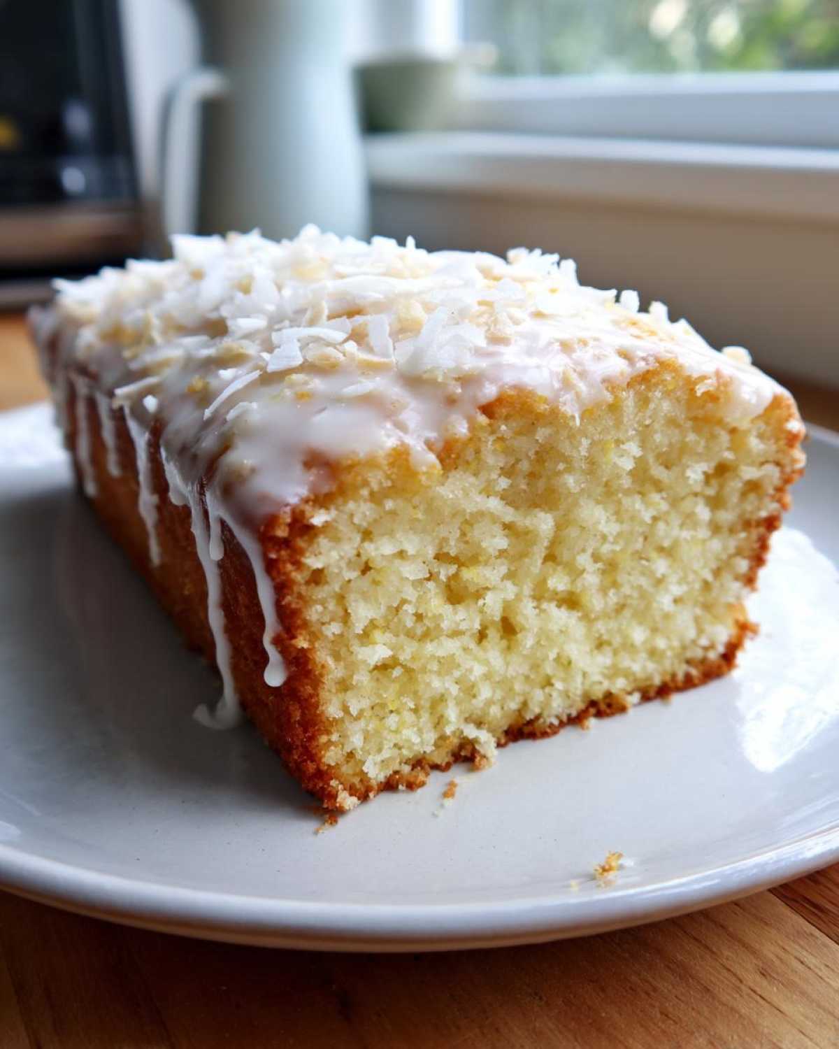Close-up of a slice of moist Gluten-Free Lemon Coconut Cake topped with white glaze and toasted coconut flakes.