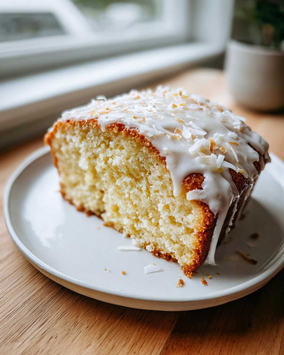 A close-up of a moist slice of Gluten-Free Lemon Coconut Cake topped with white glaze and toasted coconut flakes.