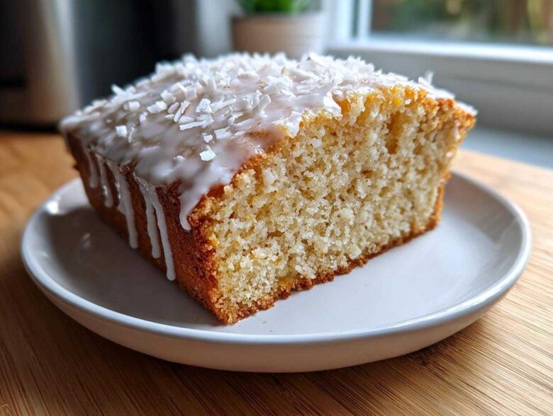 A close-up of a moist slice of Gluten-Free Lemon Coconut Cake topped with white icing and shredded coconut.
