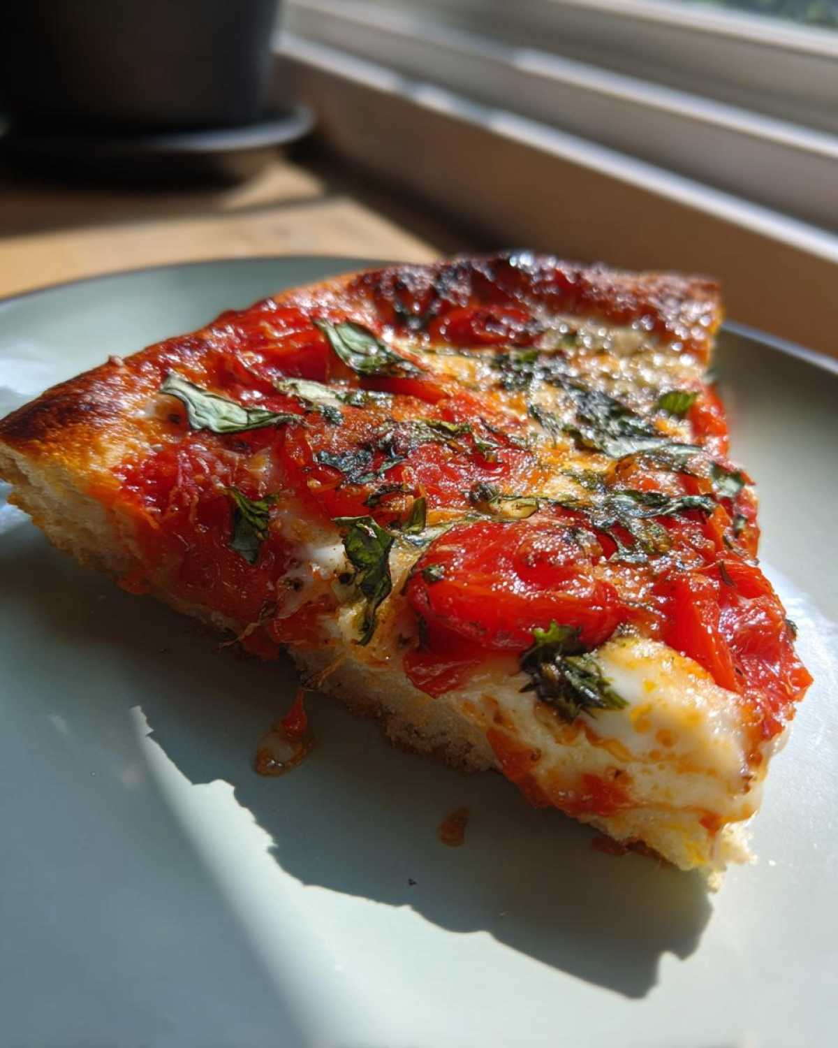 Close-up of a single slice of Gluten-Free Margherita Pizza topped with melted mozzarella, bright red tomatoes, and fresh basil.