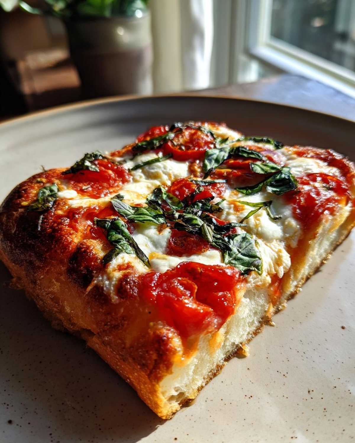 Close-up of a thick slice of Gluten-Free Margherita Pizza showing fluffy crust, melted mozzarella, tomato sauce, and fresh basil.