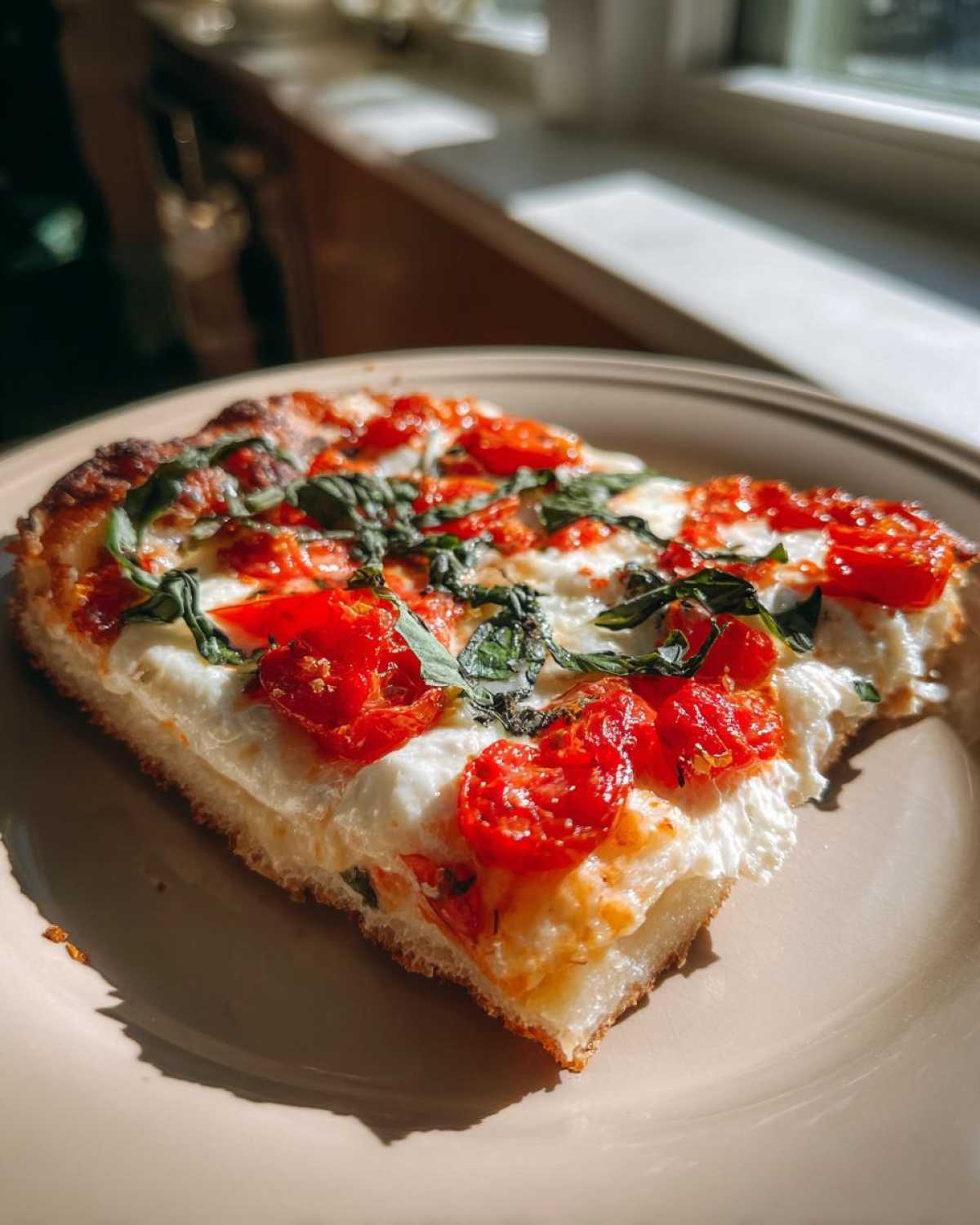 A close-up of a slice of Gluten-Free Margherita Pizza topped with fresh mozzarella, roasted tomatoes, and basil.