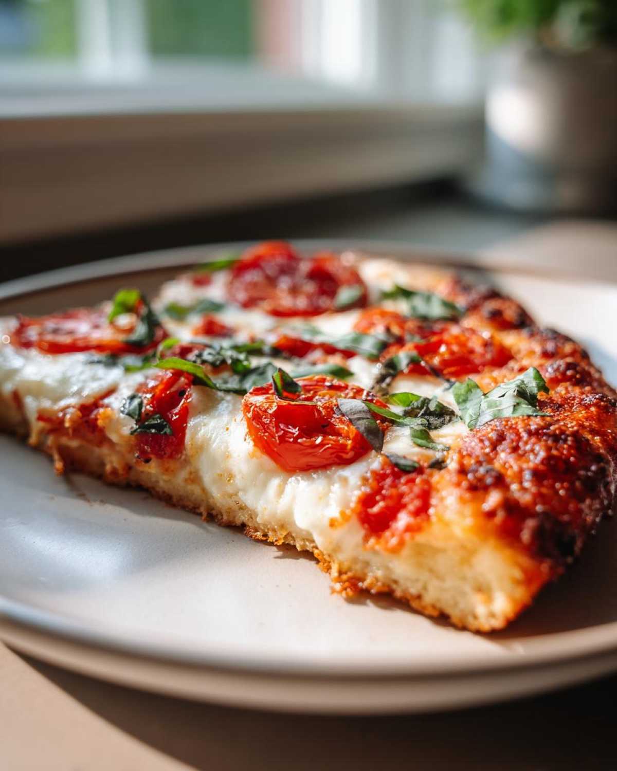 Close-up of a slice of Gluten-Free Margherita Pizza topped with melted mozzarella, roasted tomatoes, and fresh basil.