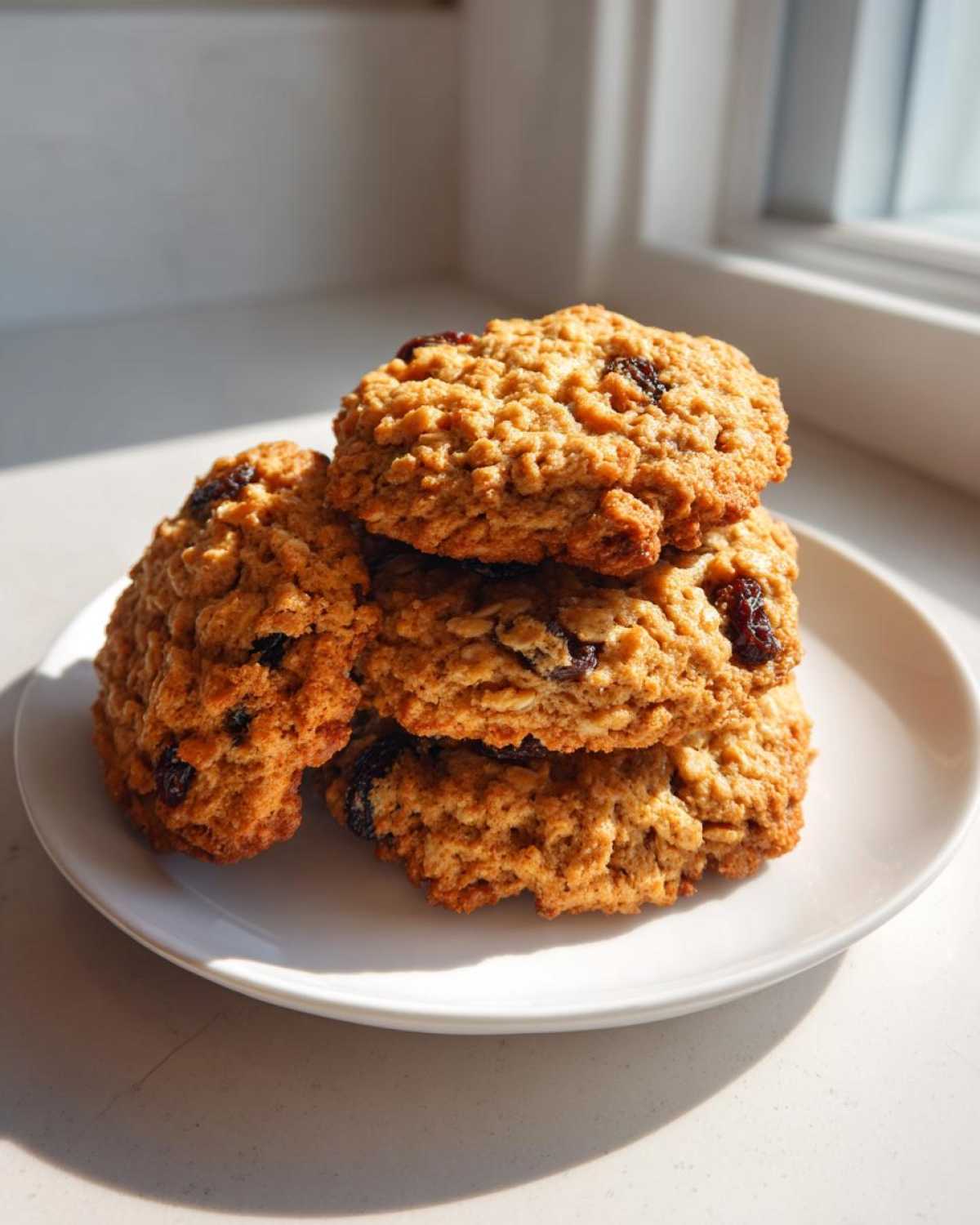 A stack of four chewy Gluten-Free Oatmeal Raisin Cookies resting on a small white plate near a window.