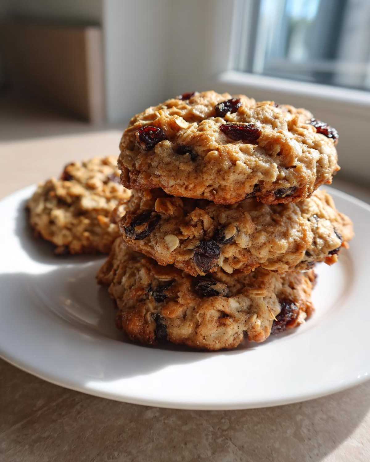 A stack of three chewy Gluten-Free Oatmeal Raisin Cookies piled high on a white plate, backlit by a window.