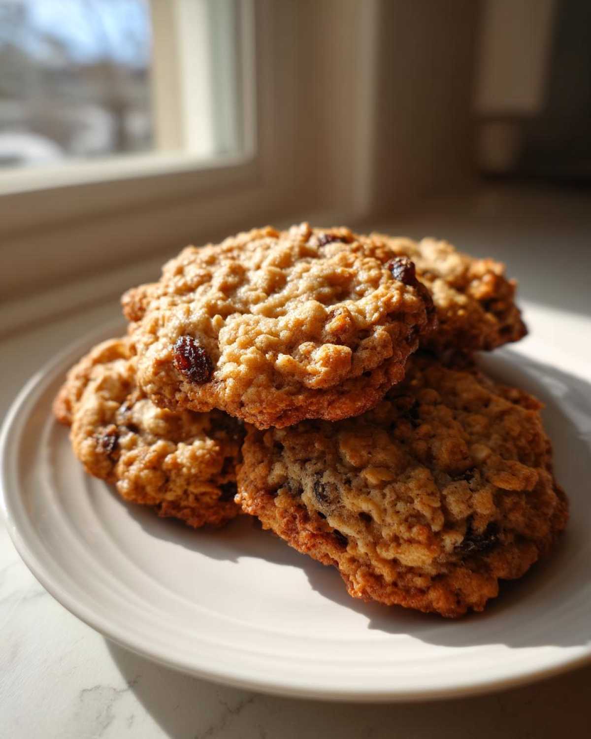 A stack of four golden-brown Gluten-Free Oatmeal Raisin Cookies resting on a white plate near a sunlit window.