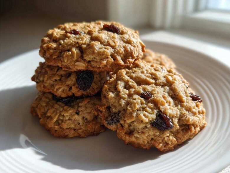 A stack of four golden-brown Gluten-Free Oatmeal Raisin Cookies piled on a white, ridged plate.