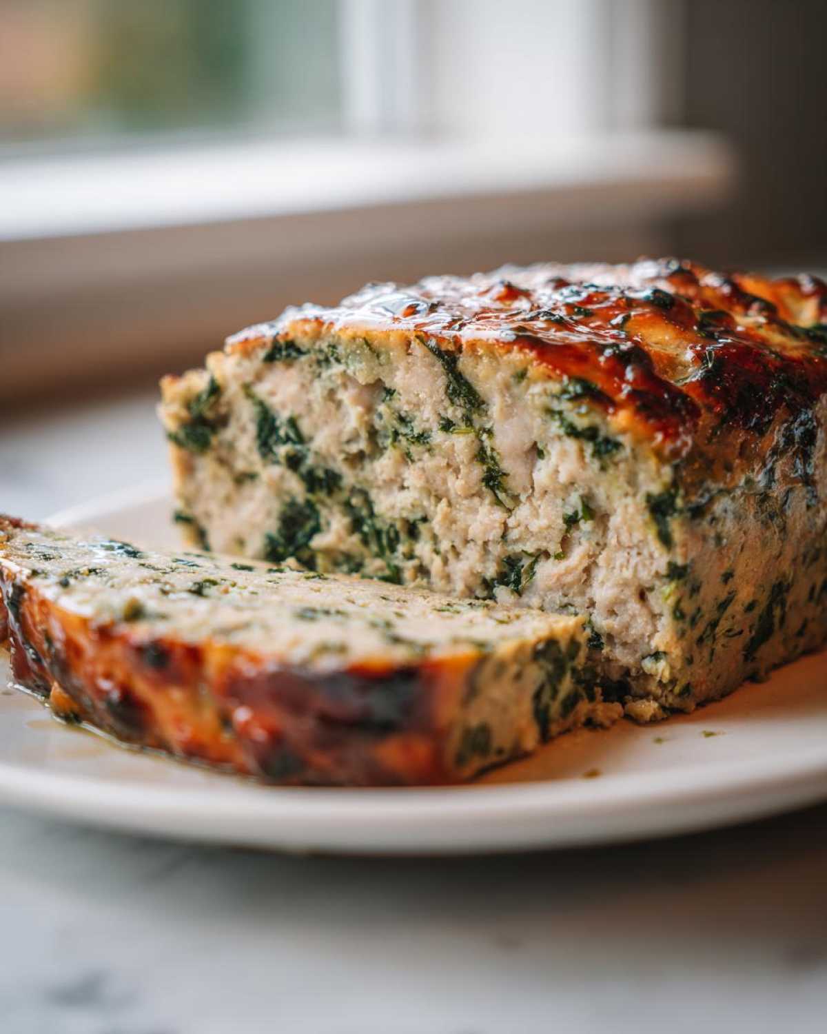 A thick slice cut from a Healthy Turkey Spinach Meatloaf, showing the interior texture and green spinach flecks.