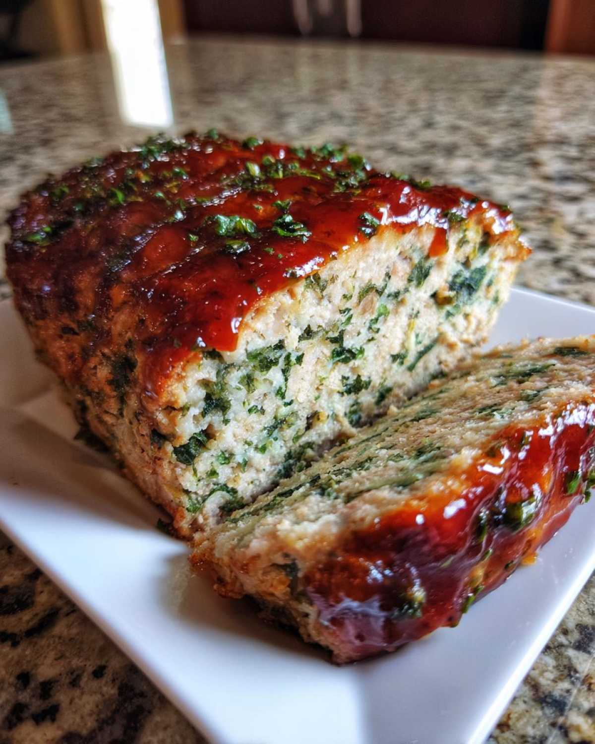 A slice cut from the Healthy Turkey Spinach Meatloaf, showing green spinach mixed throughout the turkey base and topped with a shiny glaze.