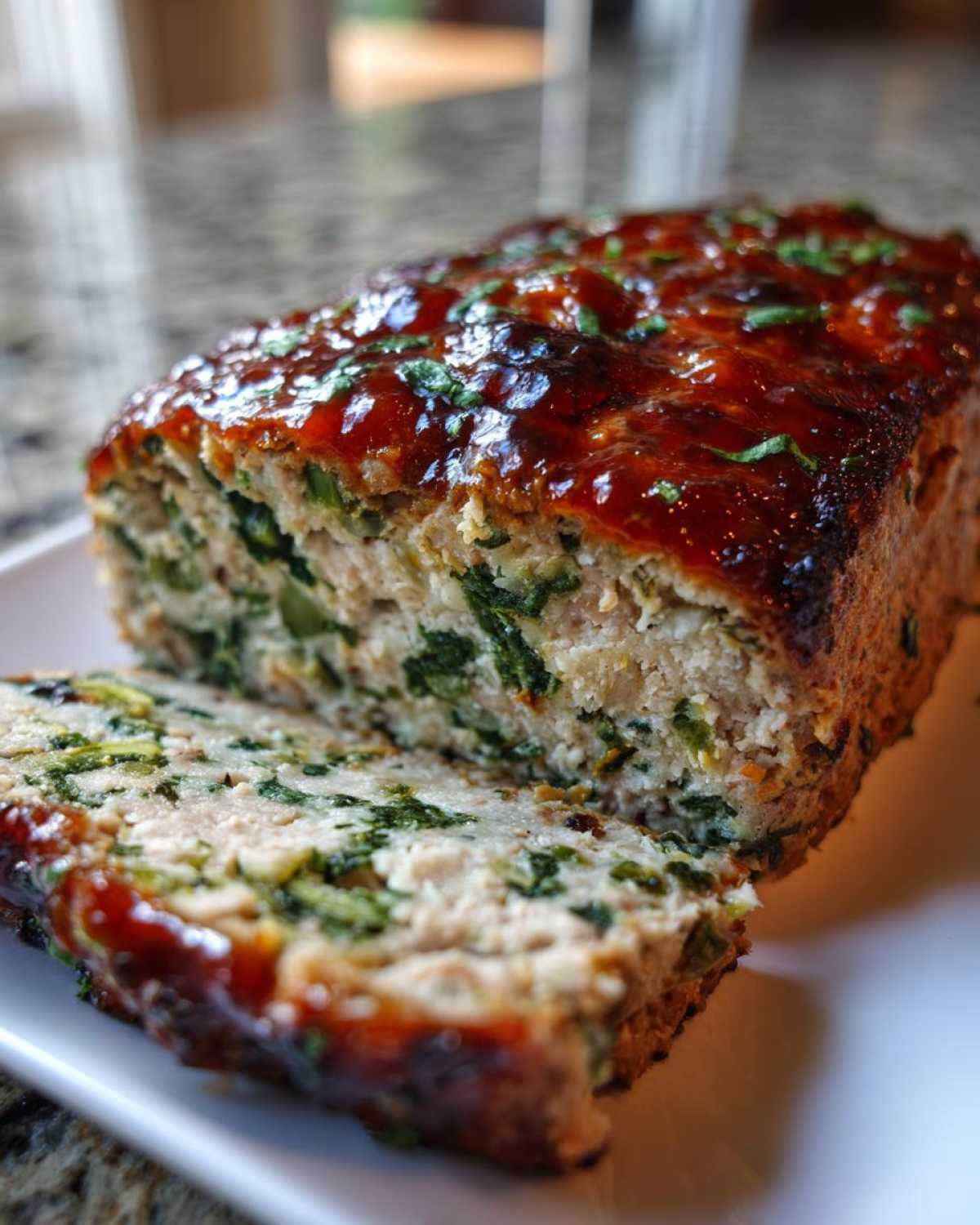 A close-up of a sliced Healthy Turkey Spinach Meatloaf topped with a shiny, dark glaze and sprinkled with herbs.