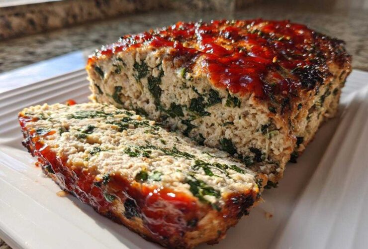 A slice cut from a Healthy Turkey Spinach Meatloaf, showing green spinach mixed into the turkey, topped with a shiny red glaze.