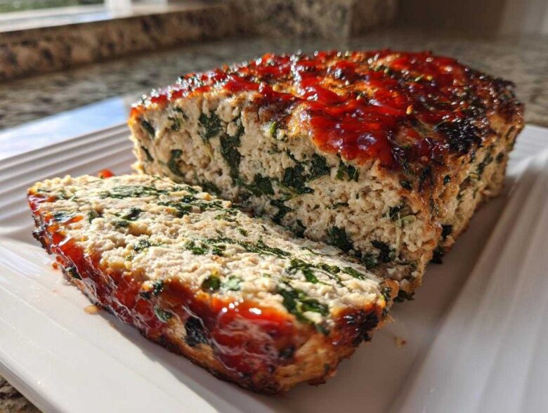 A slice cut from a Healthy Turkey Spinach Meatloaf, showing green spinach mixed into the turkey, topped with a shiny red glaze.