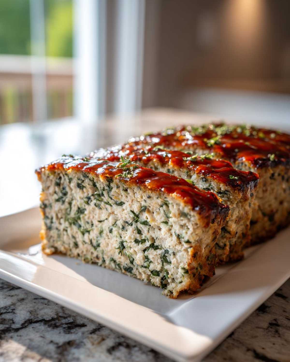Close-up of sliced Healthy Turkey Spinach Meatloaf topped with a shiny glaze and fresh herbs.