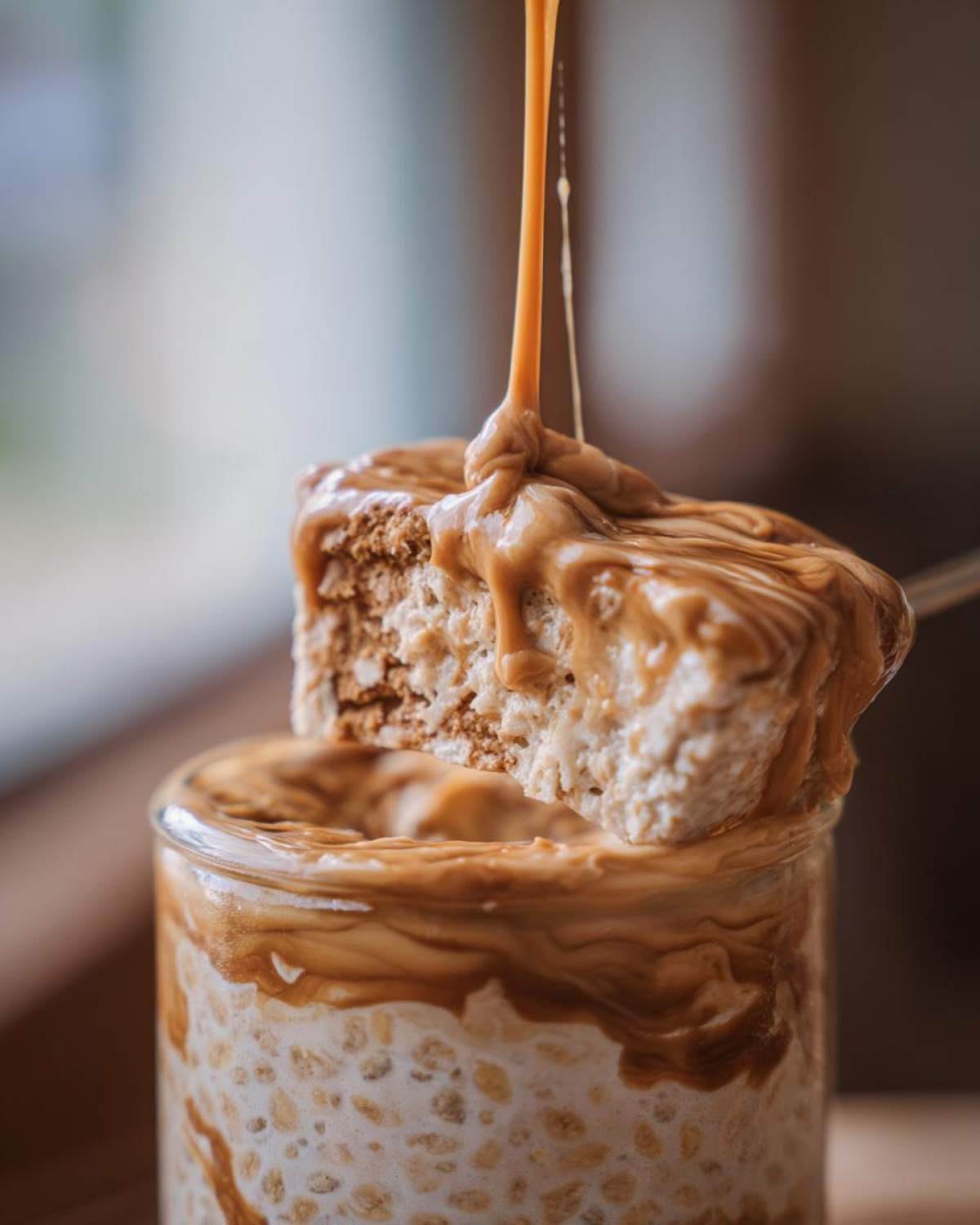 A spoonful of dense High-Protein Peanut Butter Overnight Oats being drizzled with extra peanut butter sauce.
